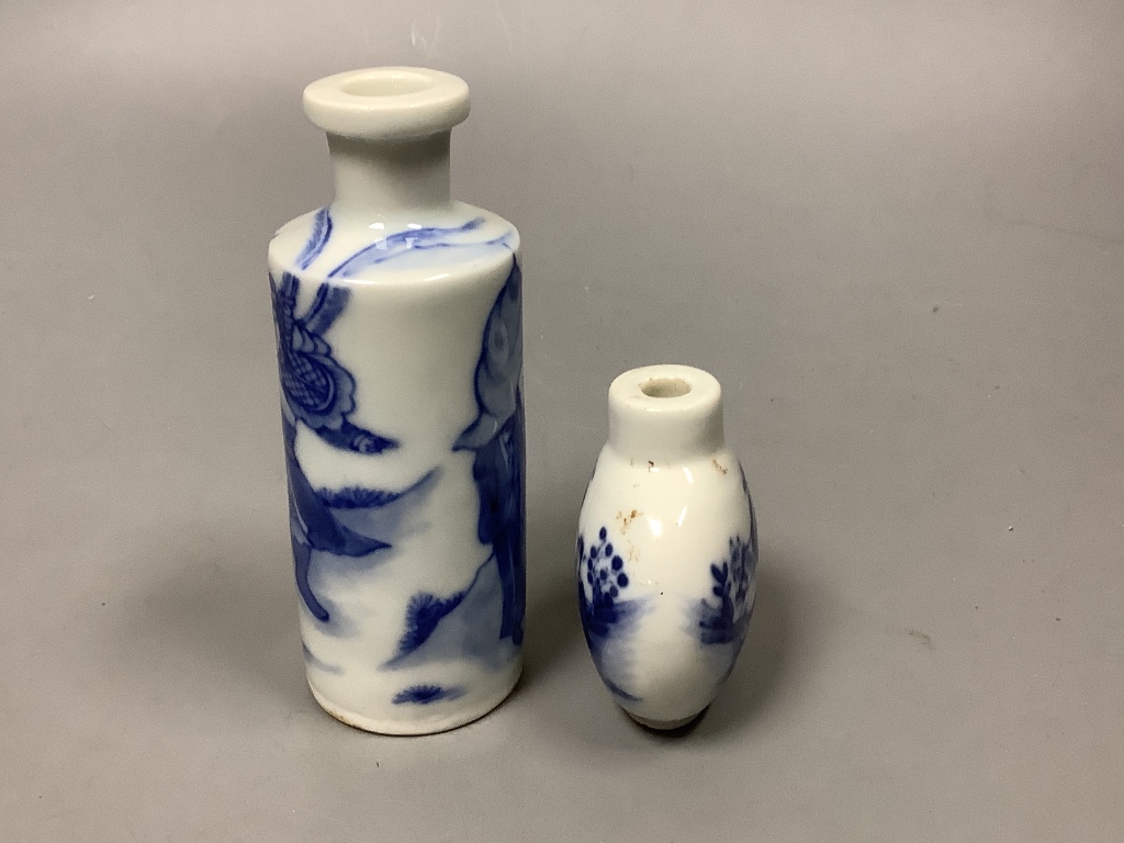 Two Chinese blue and white snuff bottles, tallest 10cm